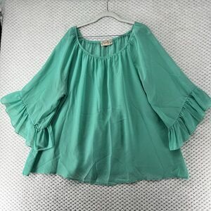 Scully Sage Green Peasant Blouse Ruffle Bell Sleeves Lightweight‎ Top Sheer